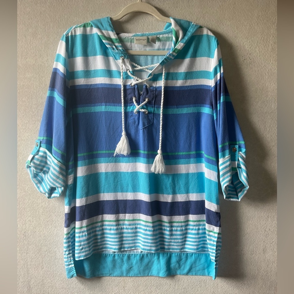 Zenergy by Chico’s Striped Blue and White Top. Hooded. Size 1
